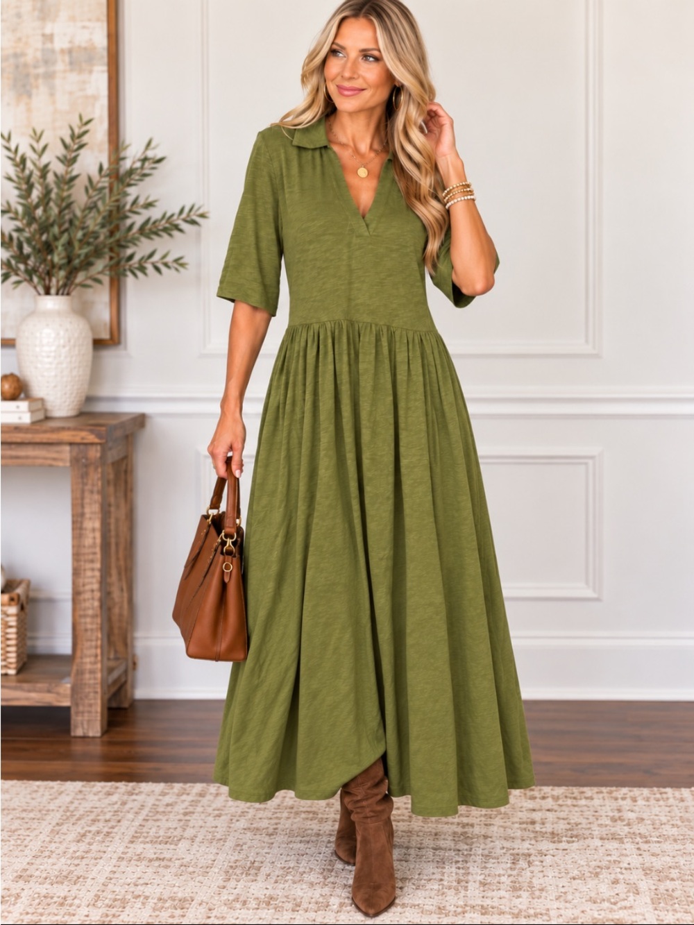 BODEN Olive Green Collared V-Neck Gathered Maxi Dress Size 12